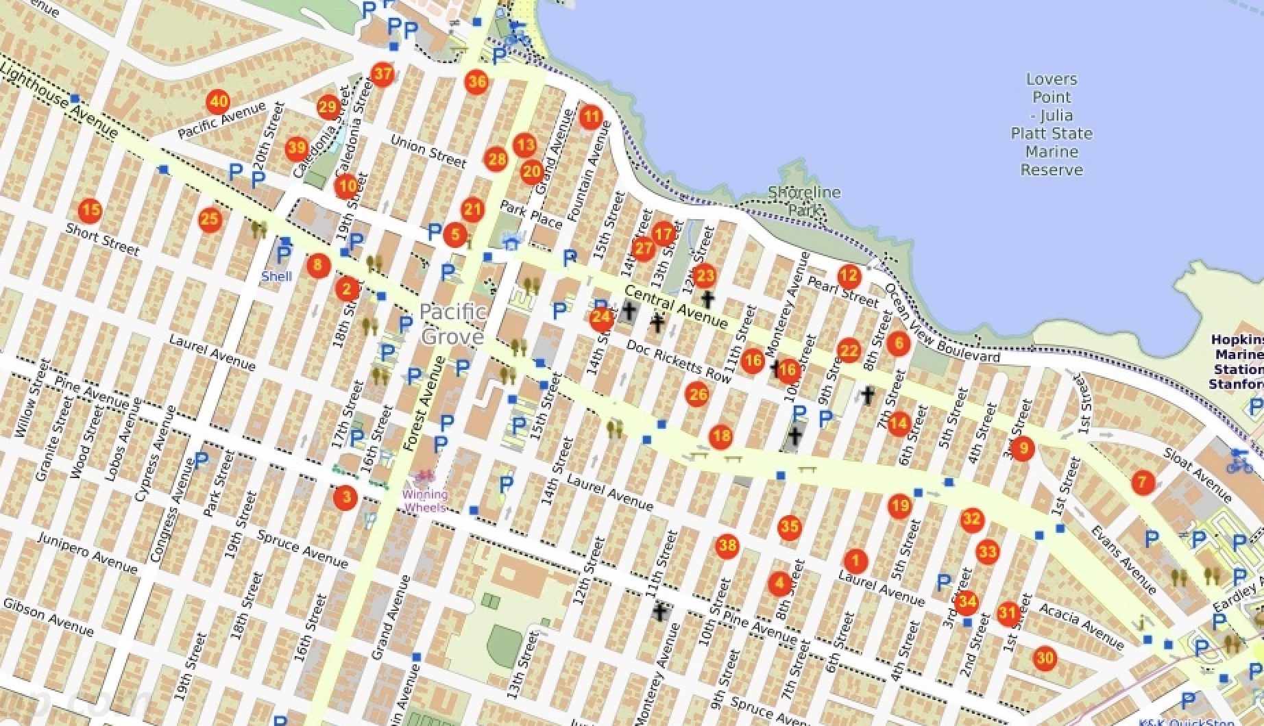 Zoomed-in map: Pacific Grove, City of Homes: 1-40